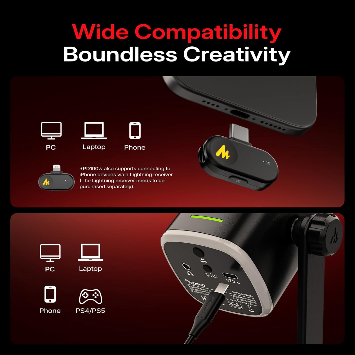 Wireless Gaming Microphone Dynamic USB Streaming Mic for PC Computer with 3 Level Noise Cancelling RGB Lighting Mute Button Software
