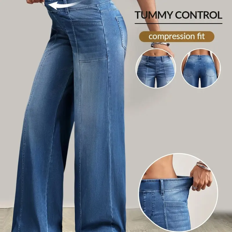 Women's Tummy Control High Waisted Wide Leg Jeans, Compression Fit Sculpting Vintage Blue Wash Stretchy Denim Pants Bottom with Front Patch Pockets