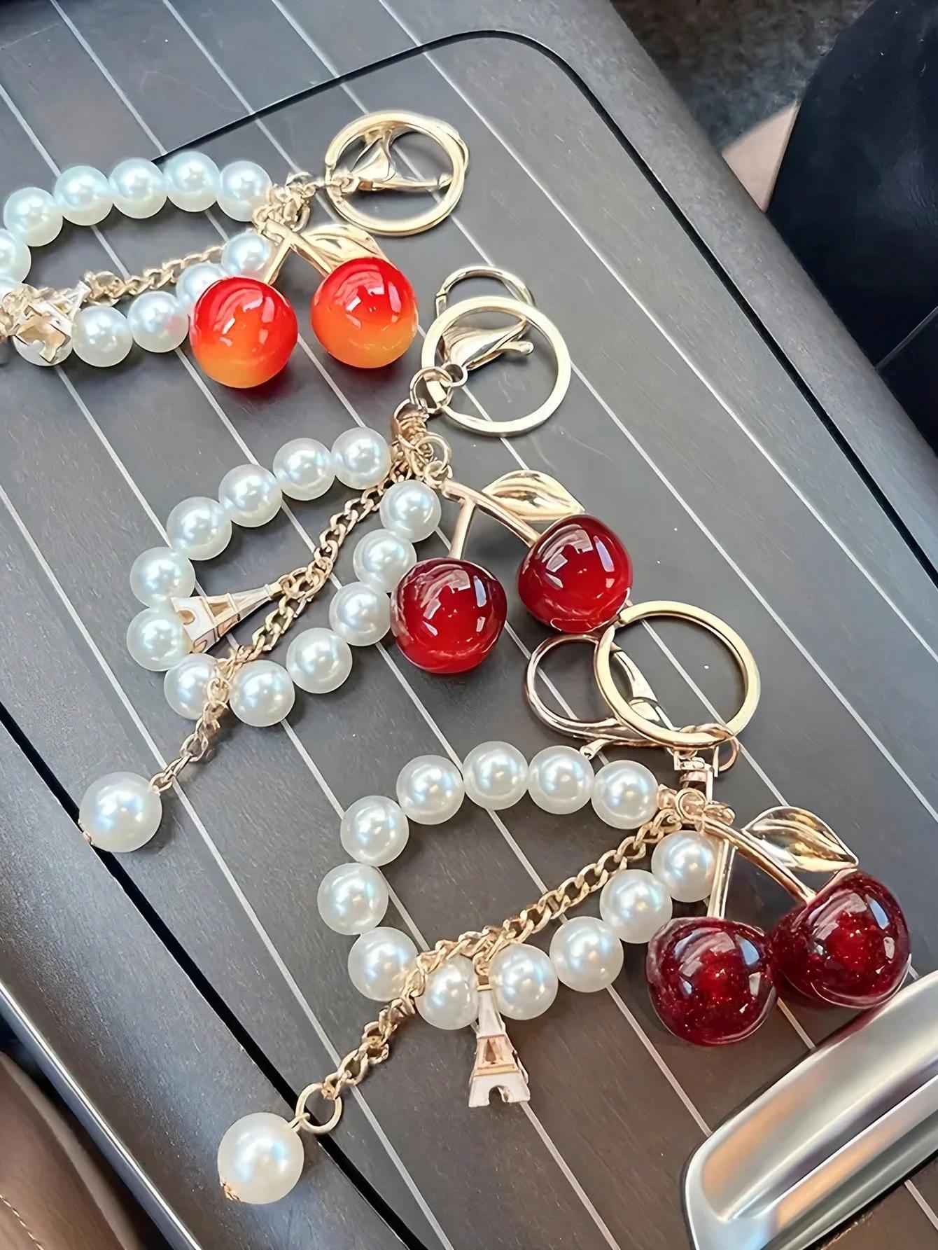 Beaded Y2K Double Cherry Keychain Charm for Women, Cute Glitter Strap ...