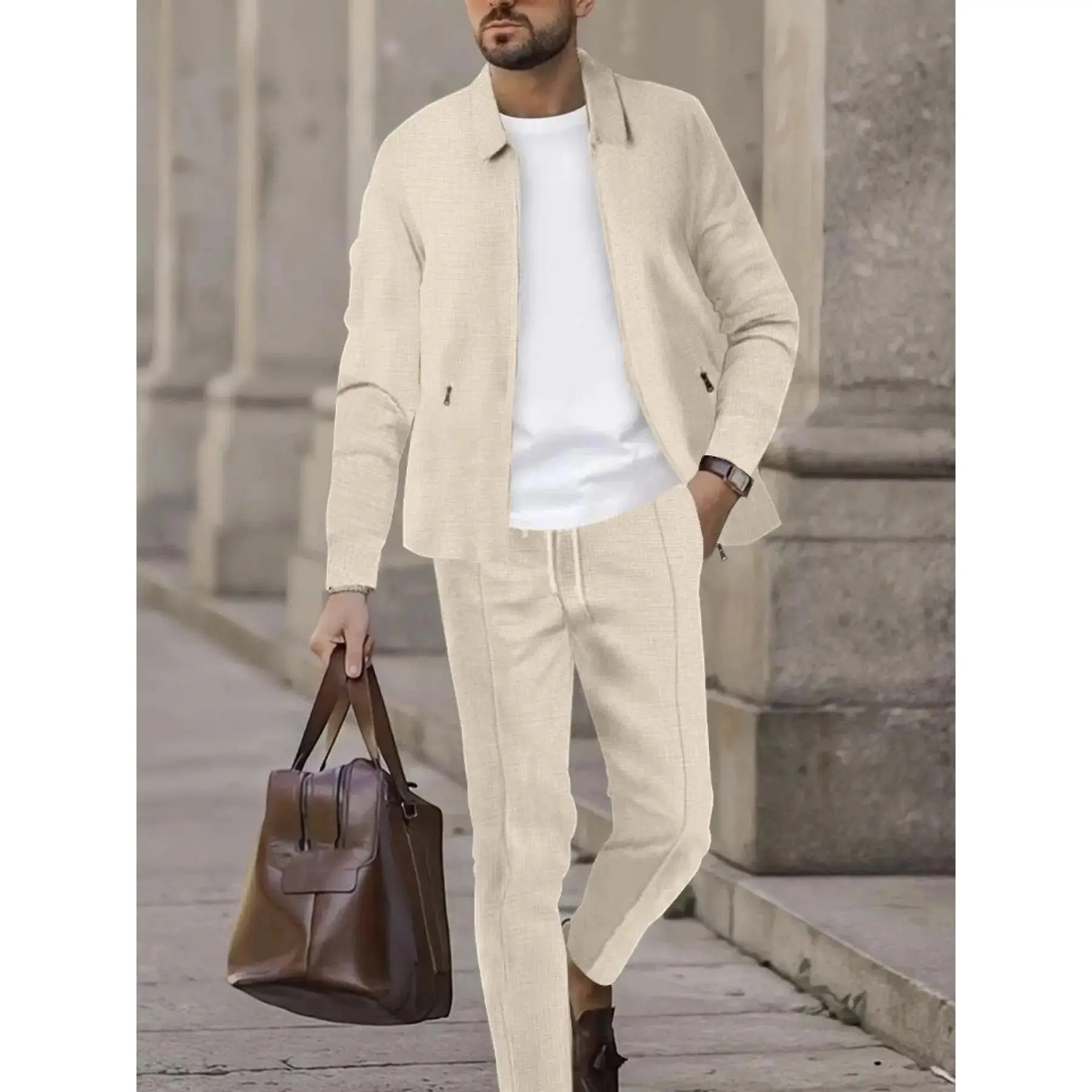 Men's Jogging Set, Elastic Pants, Fashion Blazer Top, Casual Long Sleeve, High Waist, All Seasons, Spring, Christmas Gift
