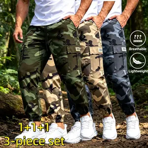 3PC Street Style Mens Camo Jogger Cargo Pants, Lightweight Air Permeable Fabric Multi Functional Pockets, Drawstring Closure Casual Trousers for Workout & Daily Wear