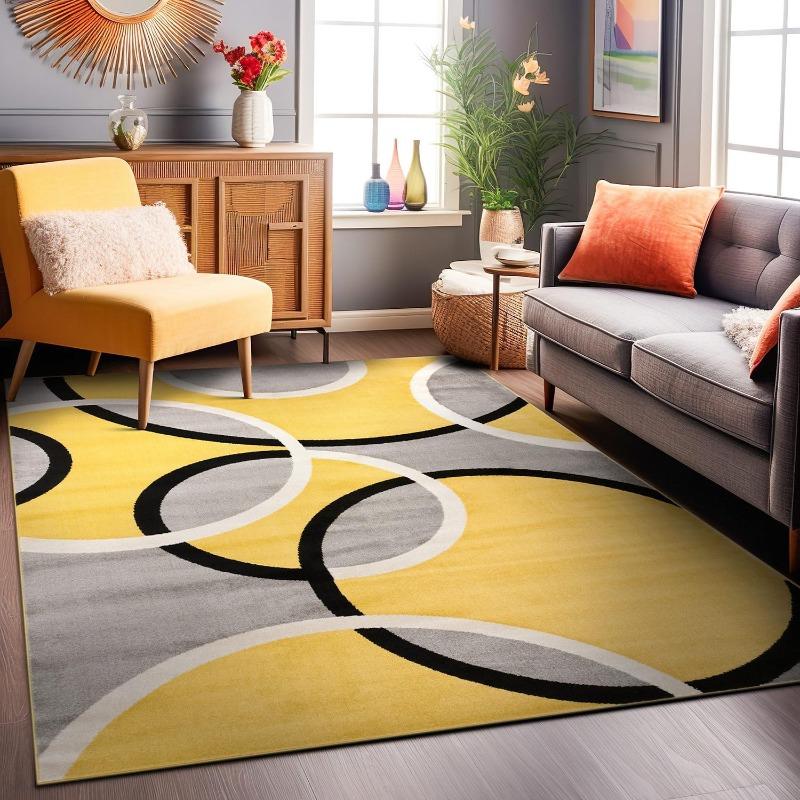 Modern Abstract Interlocking CircleGeometric Flannel Area Rug Yellow Grey Black WhiteContemporary Print Soft Mat for Living Room, Non-Slip MinimalistHomeDecor#AbstractInterlockingCircleRug #GeometricContemporaryMat #MinimalistHomeDecor  #NonSlipFlannelRug