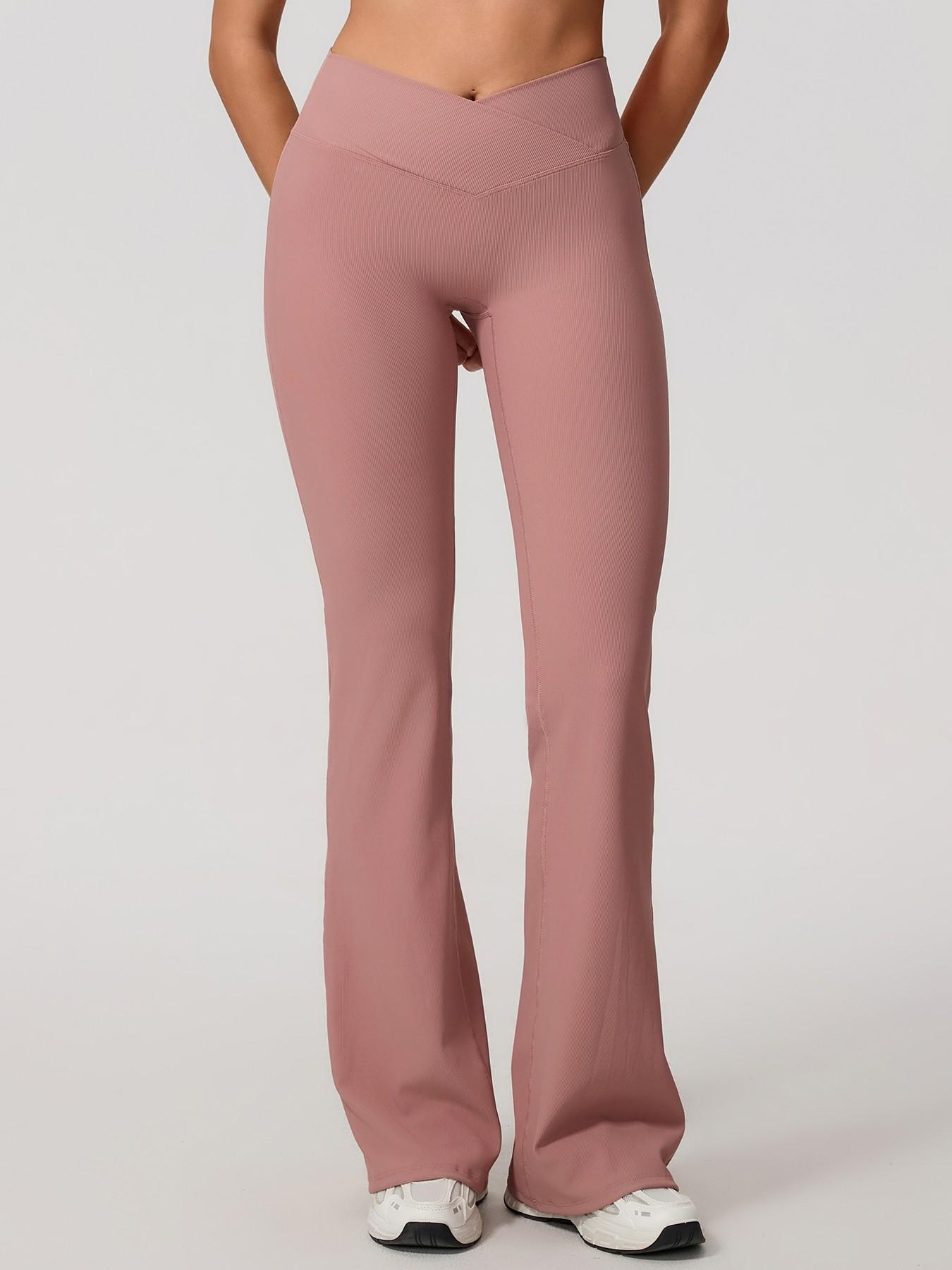 Women’s High Waist Ribbed Flare Yoga Pants, Soft Slim-Fitting Tummy Control Plain Leggings, Stylish Sporty Design with Cross Front Details