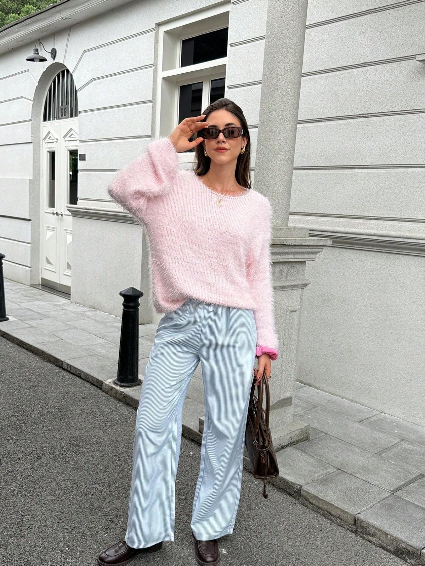 Korean Style Casual Soft Mohair Knit Sweater, Knitwear, Loose Fit Drop Shoulder Slimming Pullover, Long Sleeve Cozy Top for Women