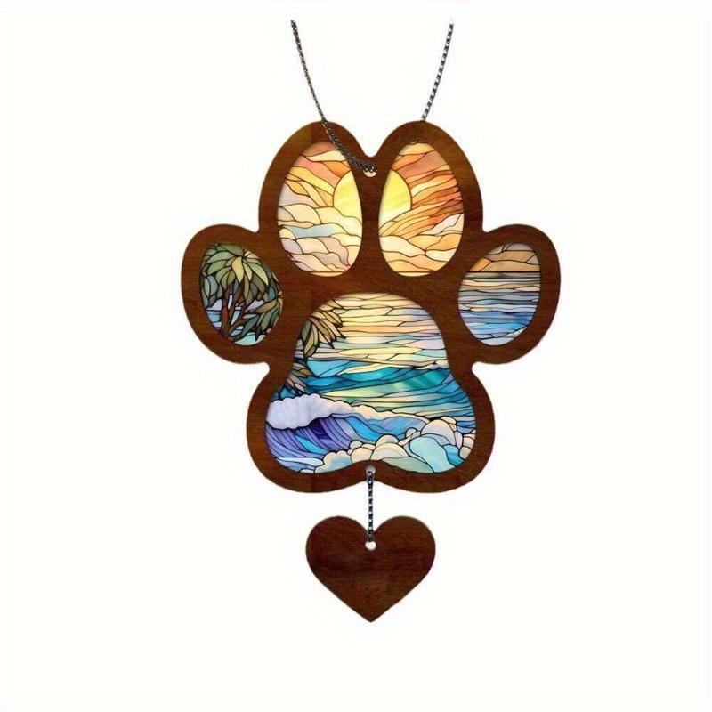 Heart-Shaped Sun Catcher Hanging Ornament, Acrylic Painted Glass Art, Paw Print Pattern, Vibrant Sunset Colors, Memorial Gift for Pets