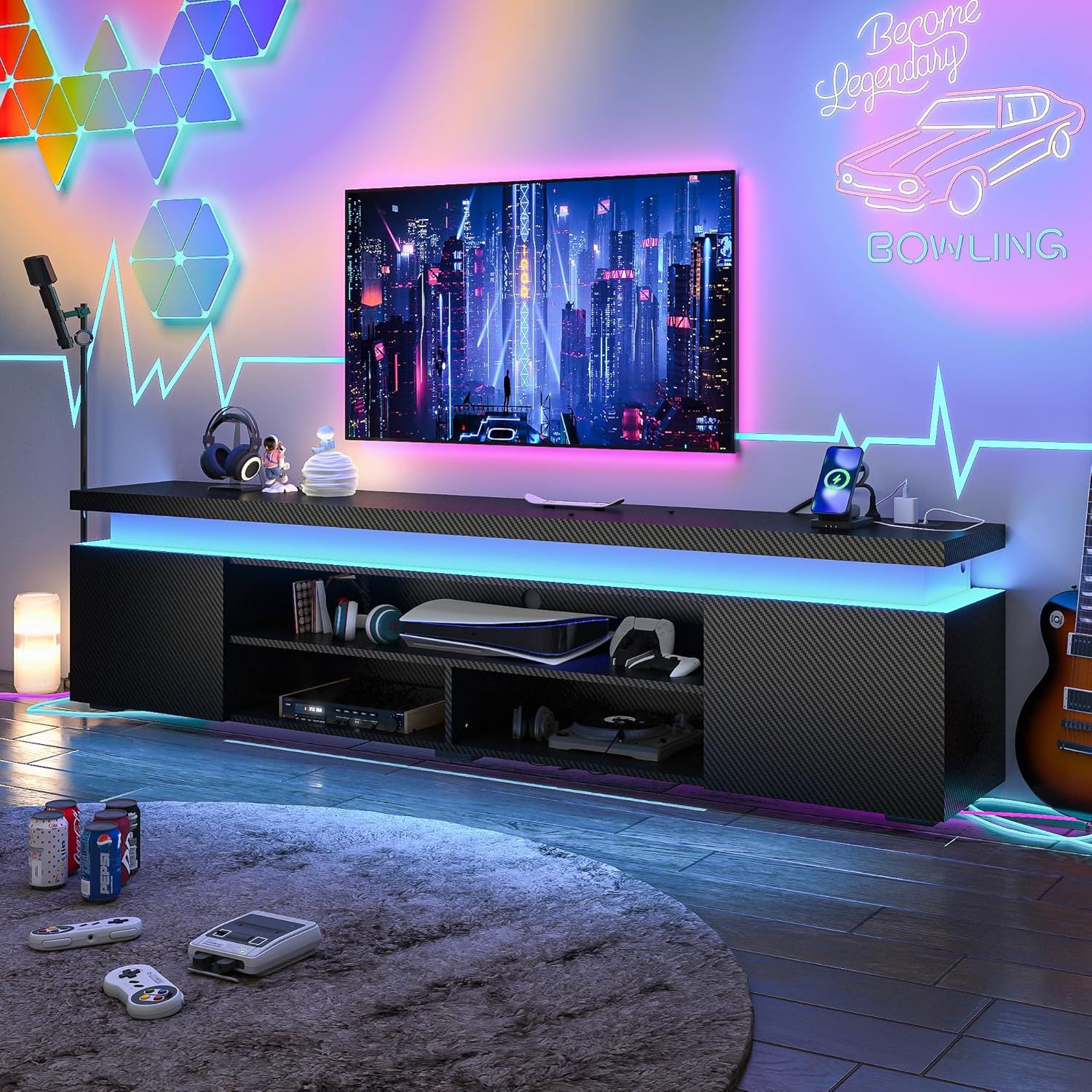 LED TV Stand for 75/85/95 Inch TV,66/73/83 Inch Modern Gaming TV Stand with Power Outlet, High Gloss TV Console Entertainment Center with Storage for Living Room, Bedroom