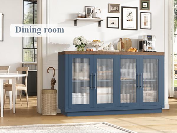 FOTOSOK Buffet Cabinet with Storage, 55.1" Large Sideboard with 4 Glass Doors, Kitchen Cabinet Buffet Table, Wood Coffee Bar Display Cabinet