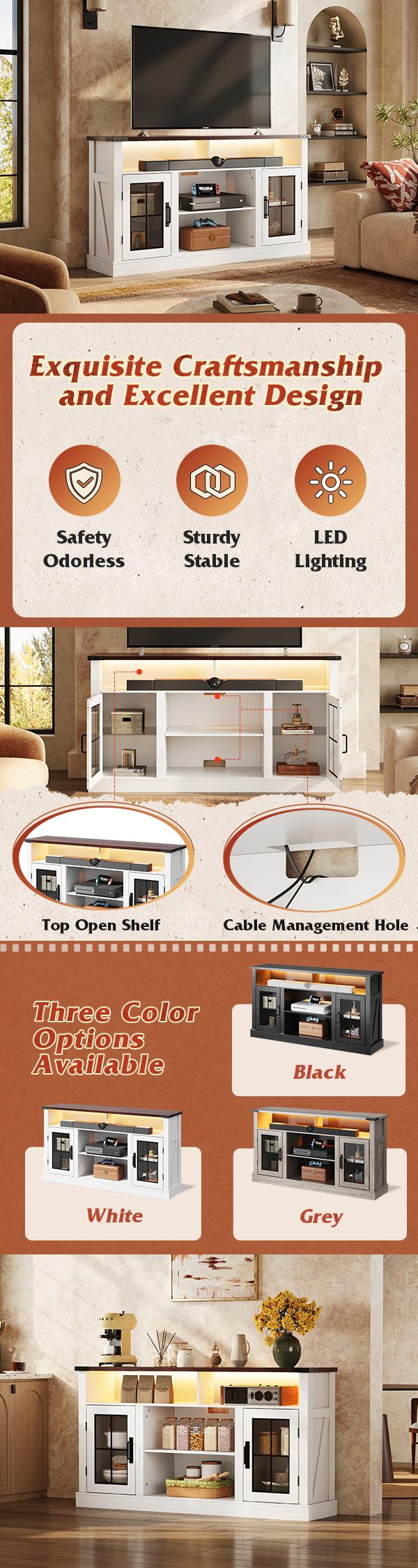 WLIVE TV Stand No Fireplace for 65 Inch TV, Tall Entertainment Center with LED Lights & Storage Cabinets, TV Media Console Table with Adjustable Shelf for Living Room, Bedroom, Home Theater