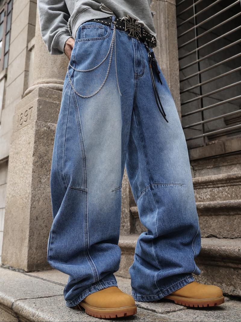 Men's Vintage Washed Loose Fit Jeans, Long Y2K Street Style Denim Jeans, Casual Natural Waist Zipper Fly, Perfect Gift for Boyfriend Husband