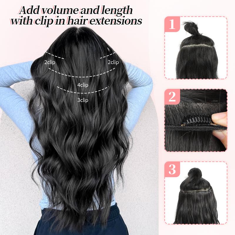 KooKaStyle Clip in Synthetic Hair Extensions Long Wavy 4PCS Thick Hairpieces to Chestnut Fiber Double Weft Natural Hair Extensions for Women
