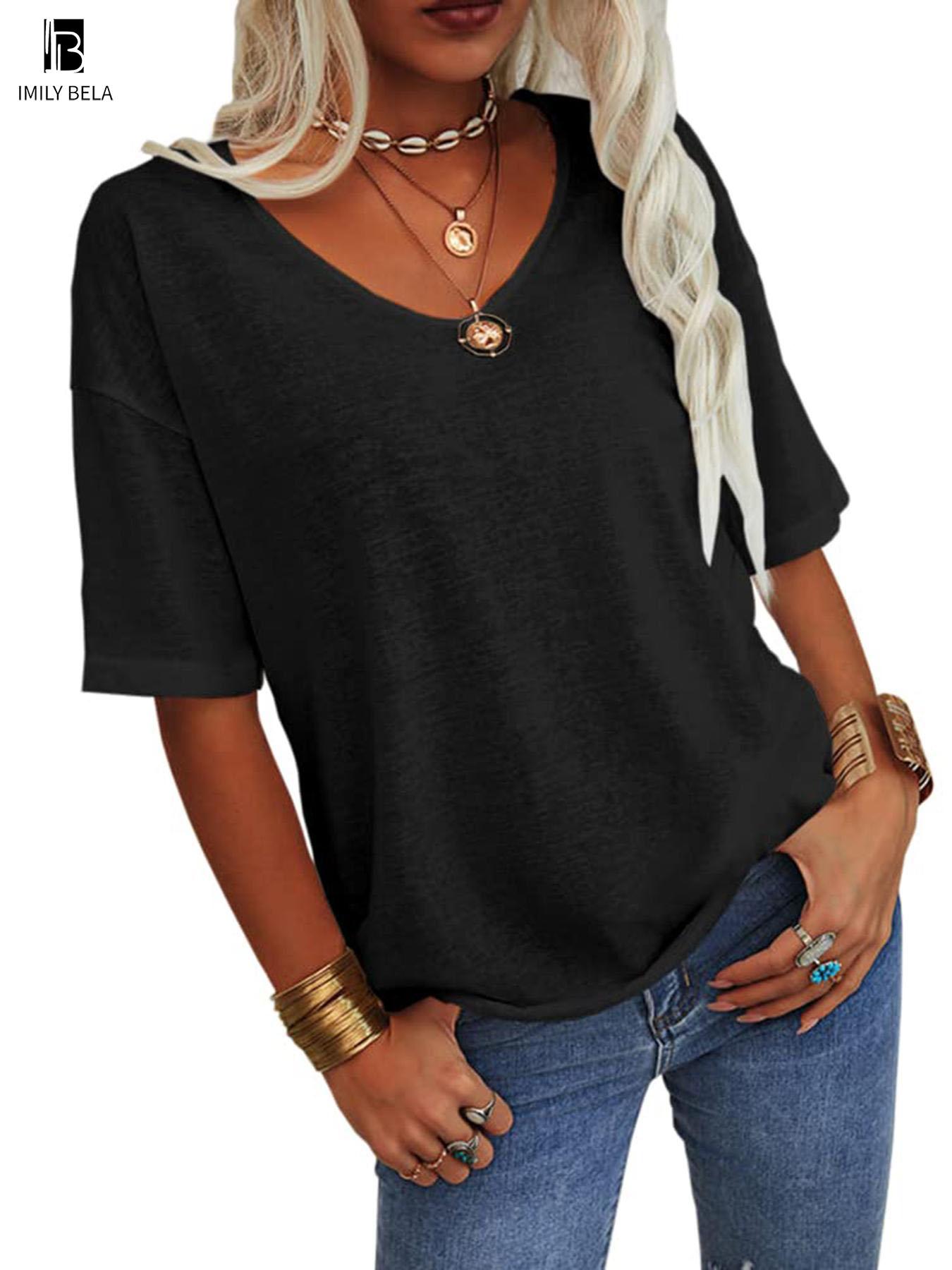 Women's Plain V Neck Drop Shoulder Tee, Casual Chic Minimalist Solid Color Half Sleeve T-shirt for Summer, Women's Basic Top for Daily Wear