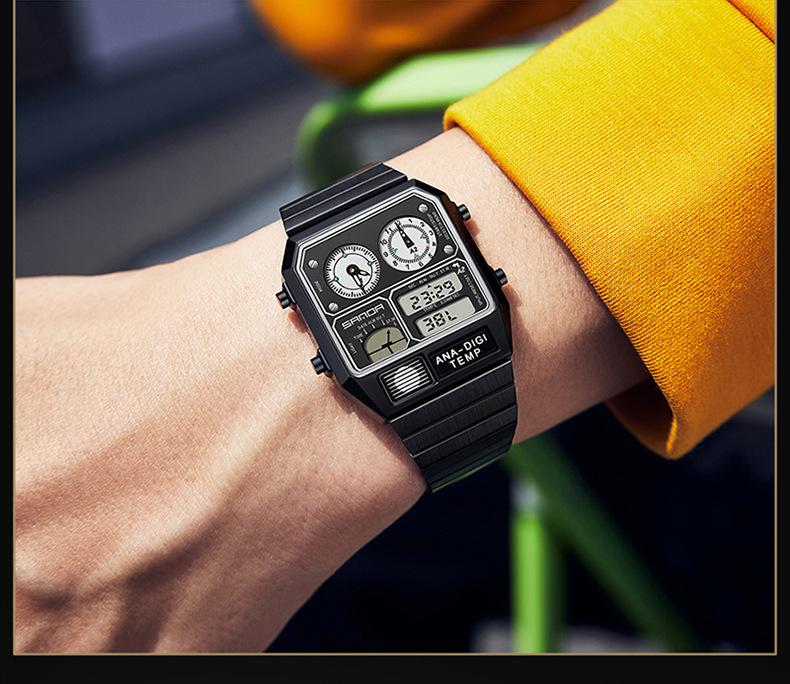 Trendy Men's Square Dial Digital Watch, Street Style Waterproof Luminous Watch, Multifunctional Timepiece with Temperature Measurement & Stopwatch