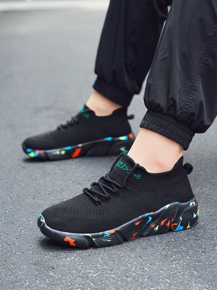 Unisex Black-Gold Flyknit Sock Shoes: Soft Sole Shock-Absorbing + Elastic Mouth, Daily Commuter Lazy Sneakers