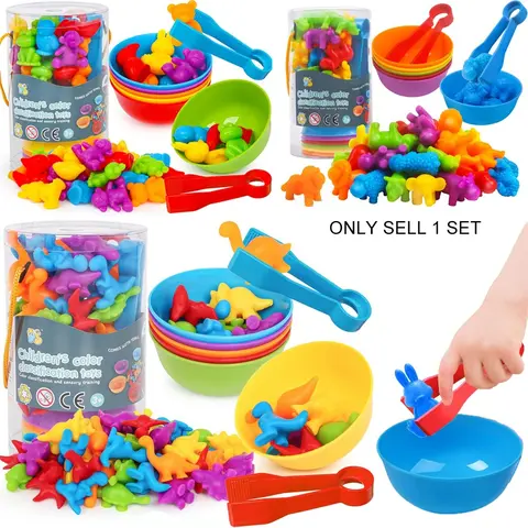 Counting Dinosaur Toys with Sorting Bowls, Shape Sorter, Matching Game for Preschool Math and Color Sorting, Montessori Sensory STEM Learning Toy Set for Kids Aged 3+, Back-to-School, Gift Exchange