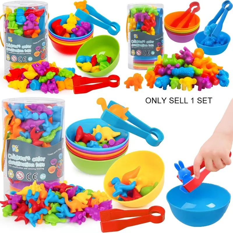 Counting Dinosaur Toys with Sorting Bowls, Shape Sorter, Matching Game for Preschool Math and Color Sorting, Montessori Sensory STEM Learning Toy Set for Kids Aged 3+, Back-to-School, Gift Exchange