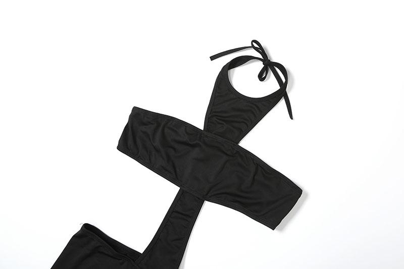 DOUCIU Nightclub Bar Music Festival Sexy Hot Street Personality Cool Women'S Thin Solid Color See Though Cross Shaped Halter Neck Long Jumpsuit