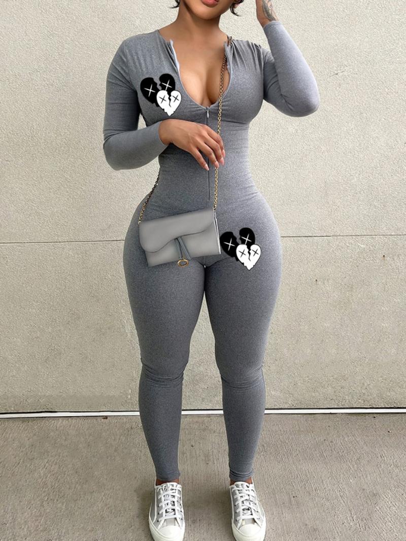 Women's Solid Color Zip Up Jumpsuit, Casual Comfy Long Sleeve Jumpsuit for Daily Wear, Ladies Spring & Fall Clothes