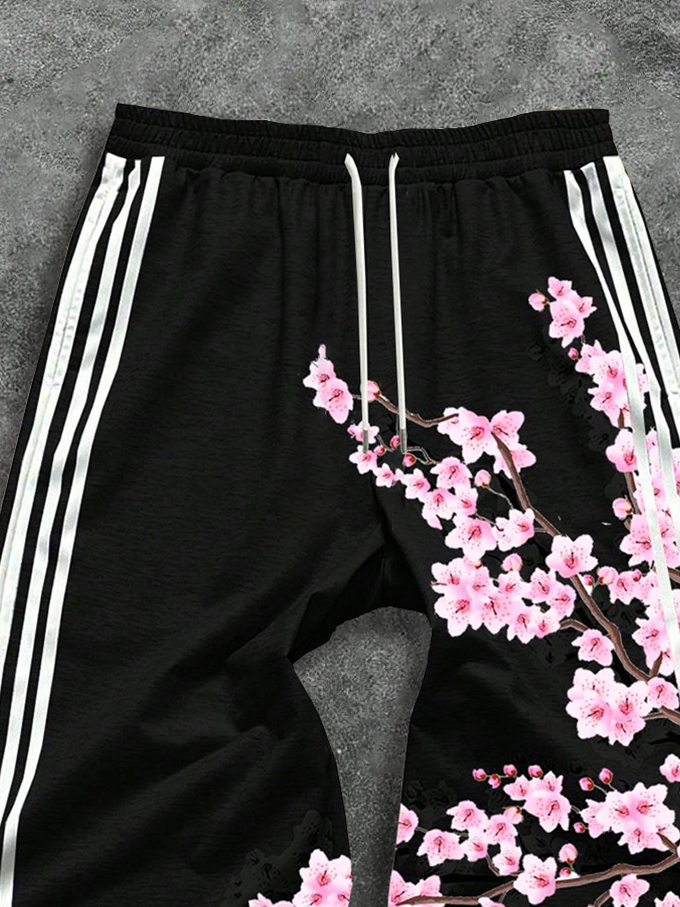 Men's American High Street Loose Wide Leg Pants, Side Stripe Cherry Blossom Digital Print Sweatpants, Drawstring Waist Casual Sports Long Pants