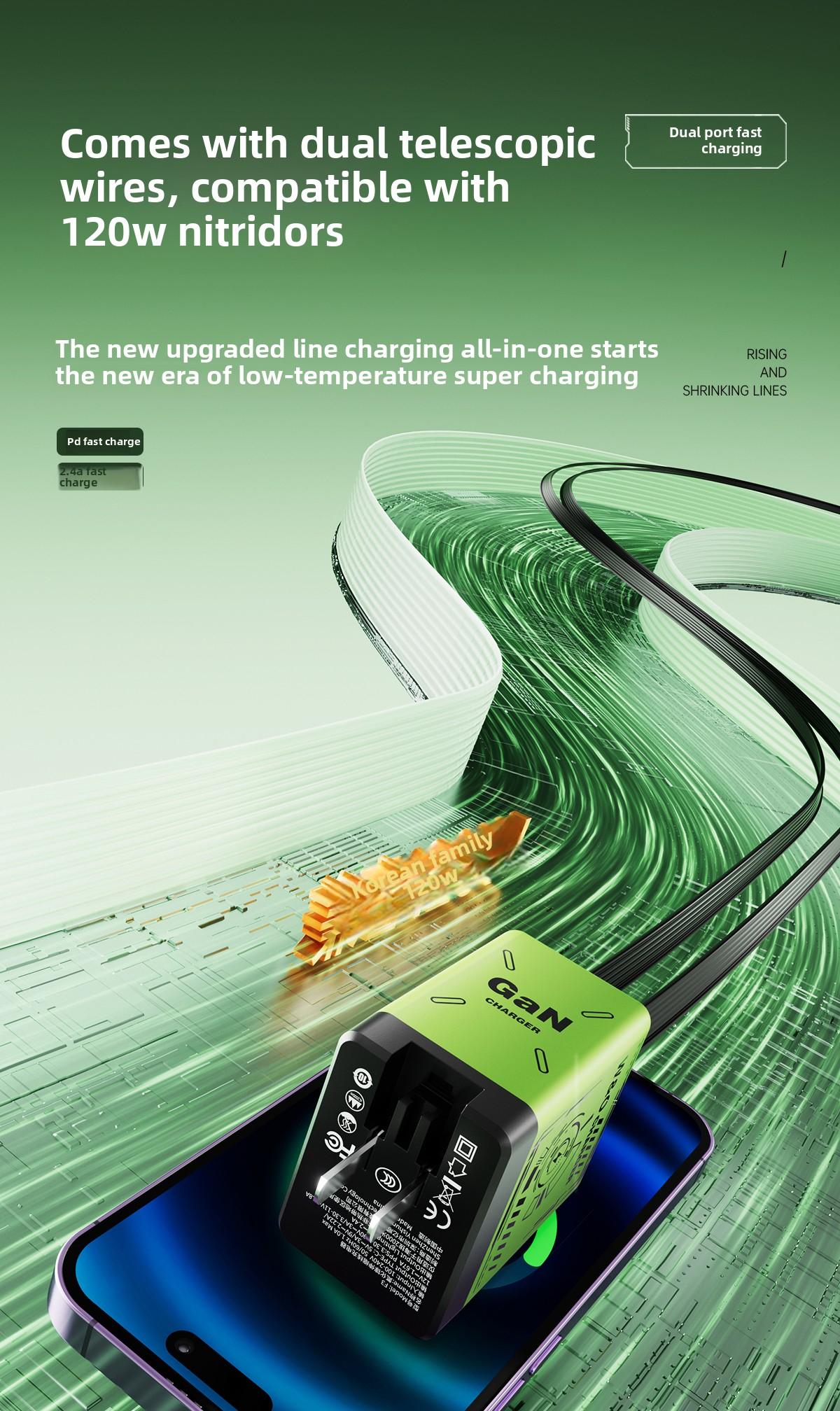 Gan Fast charger Retractable Charger Folding Charging 2-in-1 Cable (Type C/IOS) Fast Power Adapter Travel & Home Essential