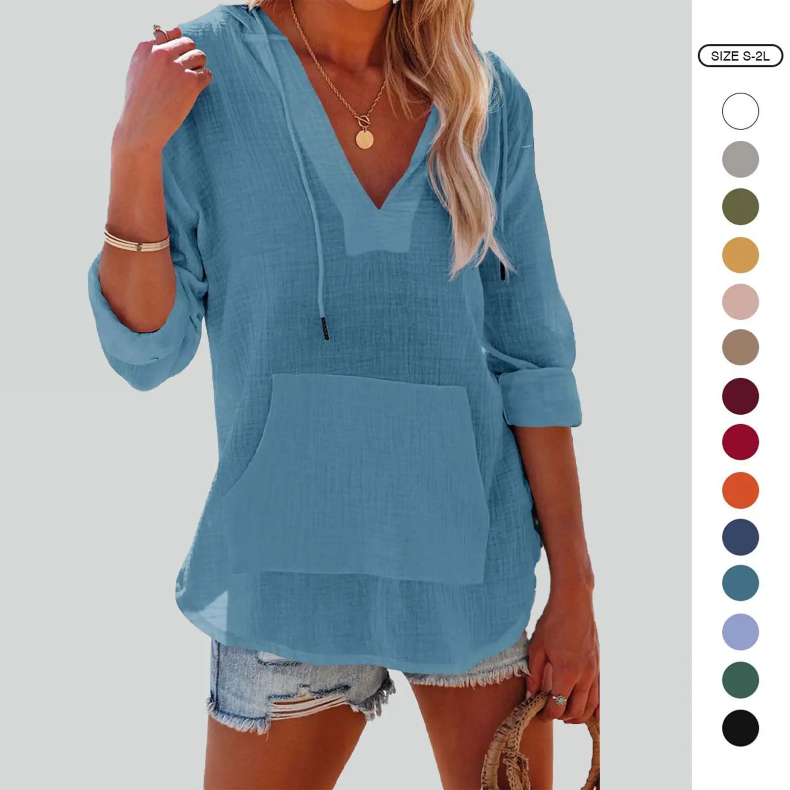 Imily Bela Women's Beach Cover Up hoodies sweatshirt Long Sleeve V Neck Pocketed Hooded Shirt Top