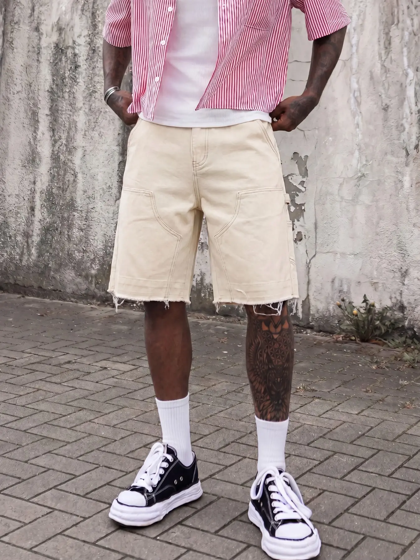 Men’s Apricot Carpenter Shorts, Baggy Jean Shorts, Loose Fit Denim Shorts with Frayed Hem, Vintage Streetwear Casual Bottoms – Ideal Gift for Boyfriends & Husbands