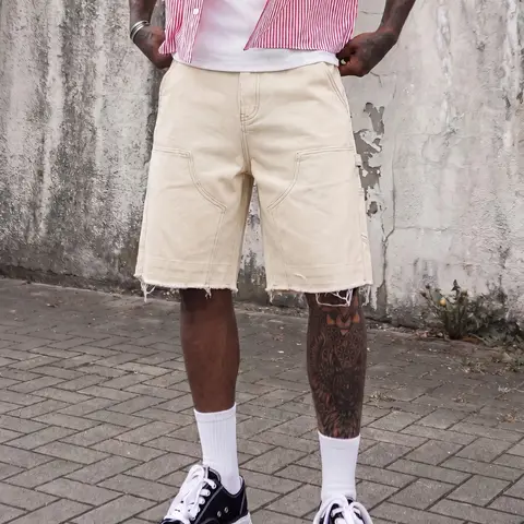Men's Apricot Carpenter Shorts, Baggy Jean Shorts, Loose Fit Denim Shorts with Frayed Hem, Vintage Streetwear Casual Bottoms, Ideal Gift for Boyfriends & Husbands