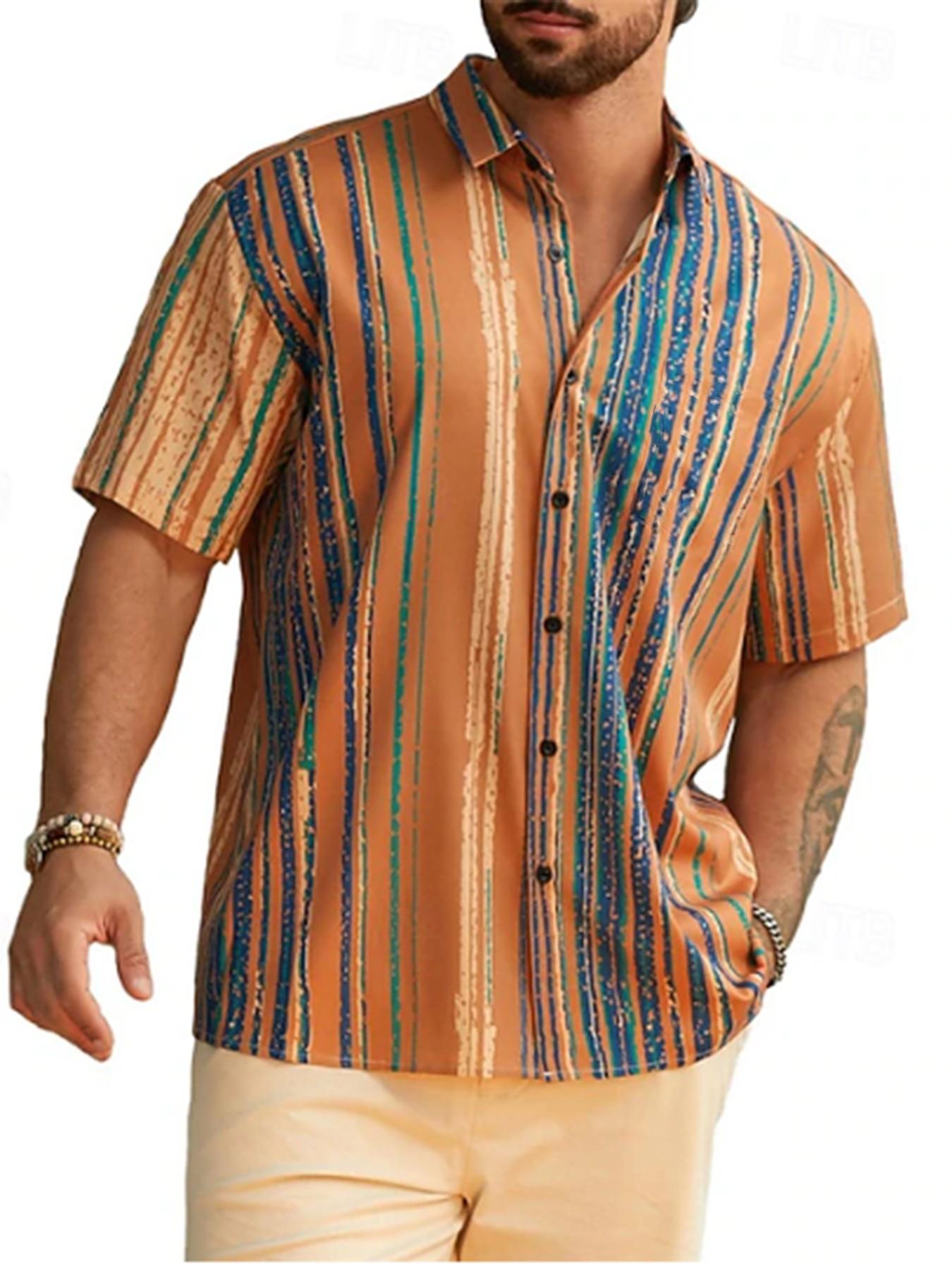 Men's Vintage Striped Collared Shirt, Breathable Short Sleeve Casual Top, Beach Vacation Street Summer Open Front Jacket