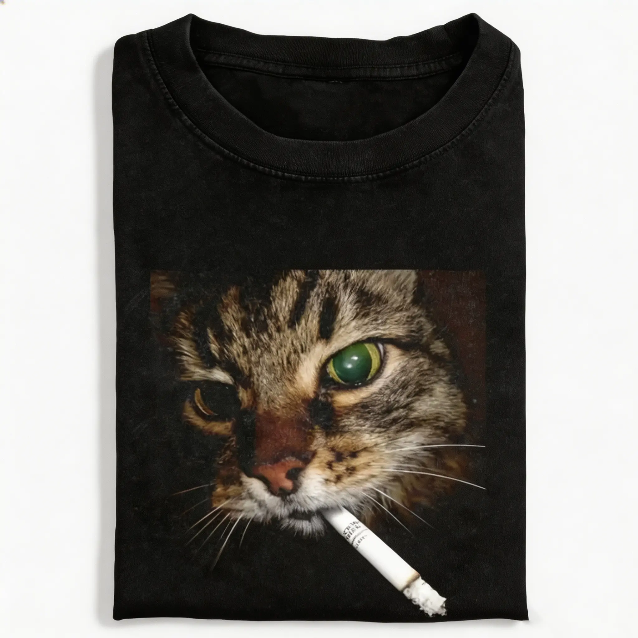 Moody Tabby Cat Portrait Graphic T-Shirt, Non-Washed Cotton Fabric, Printed Craft Loose Fit Crew Neck Short Sleeve Tee, Edgy Cool Feline Art Design Soft Breathable Casual Daily Tops, summervibes Unisex Summer Outfit For Men Women