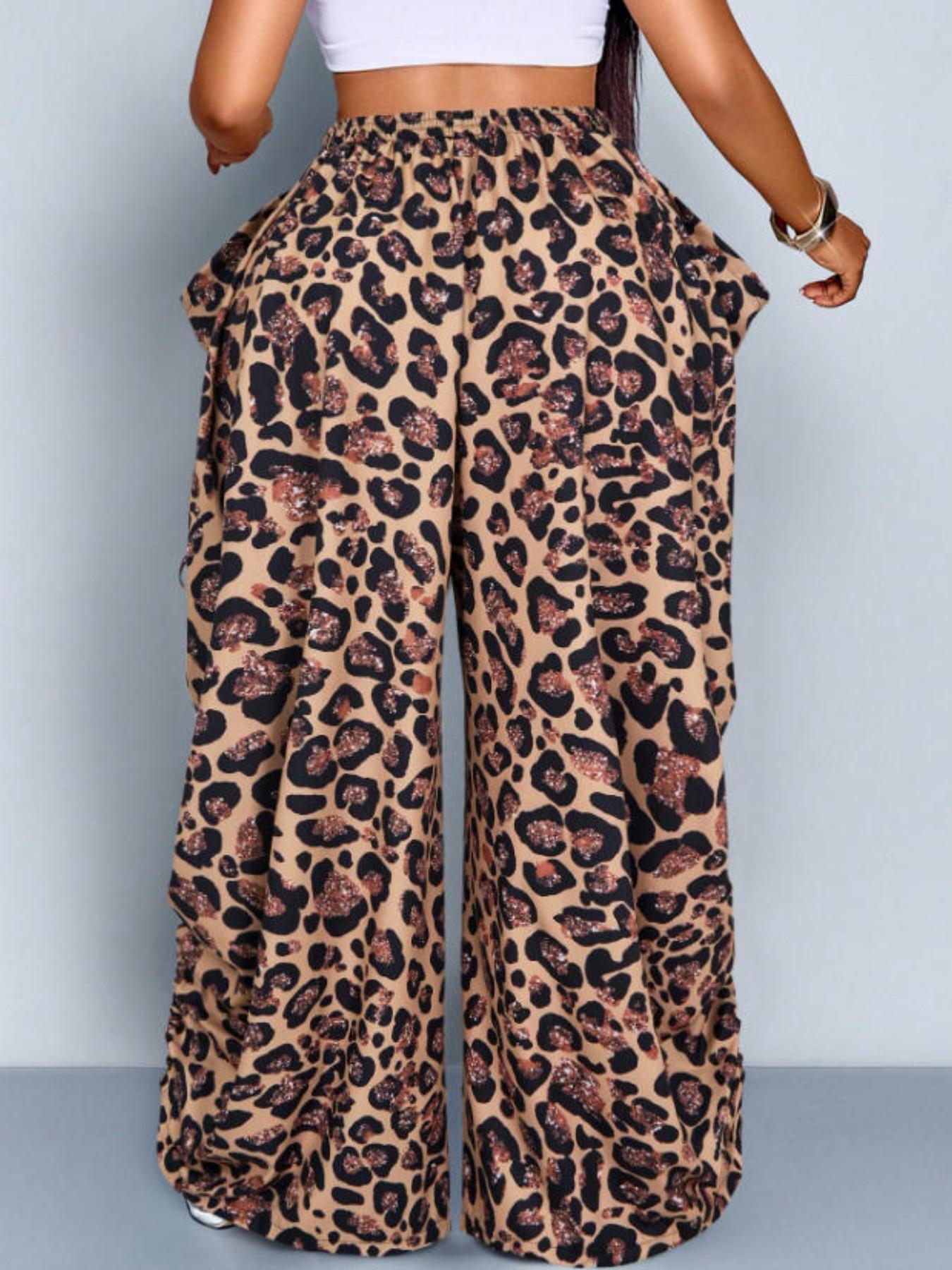 Women's Leopard Print Harem Pants Bottom, Casual High Waist Loose Breathable Cotton Linen, Medium Stretch Thin Drawstring Pockets, Streetwear Punk Style
