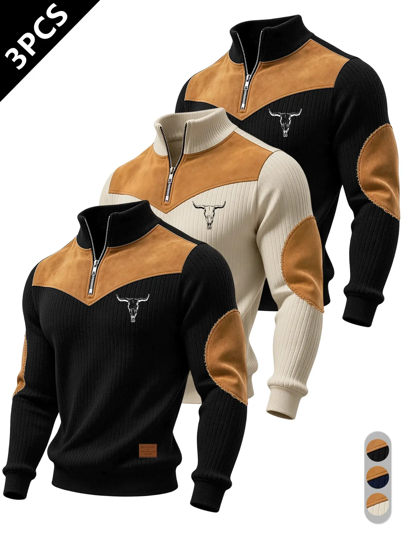 Men's Half-Zip Stand Collar Knit Top, Suede Texture Shoulder Patches, Bull Head Print, Slim Fit, Retro American Style, Casual Wear, Knitwear