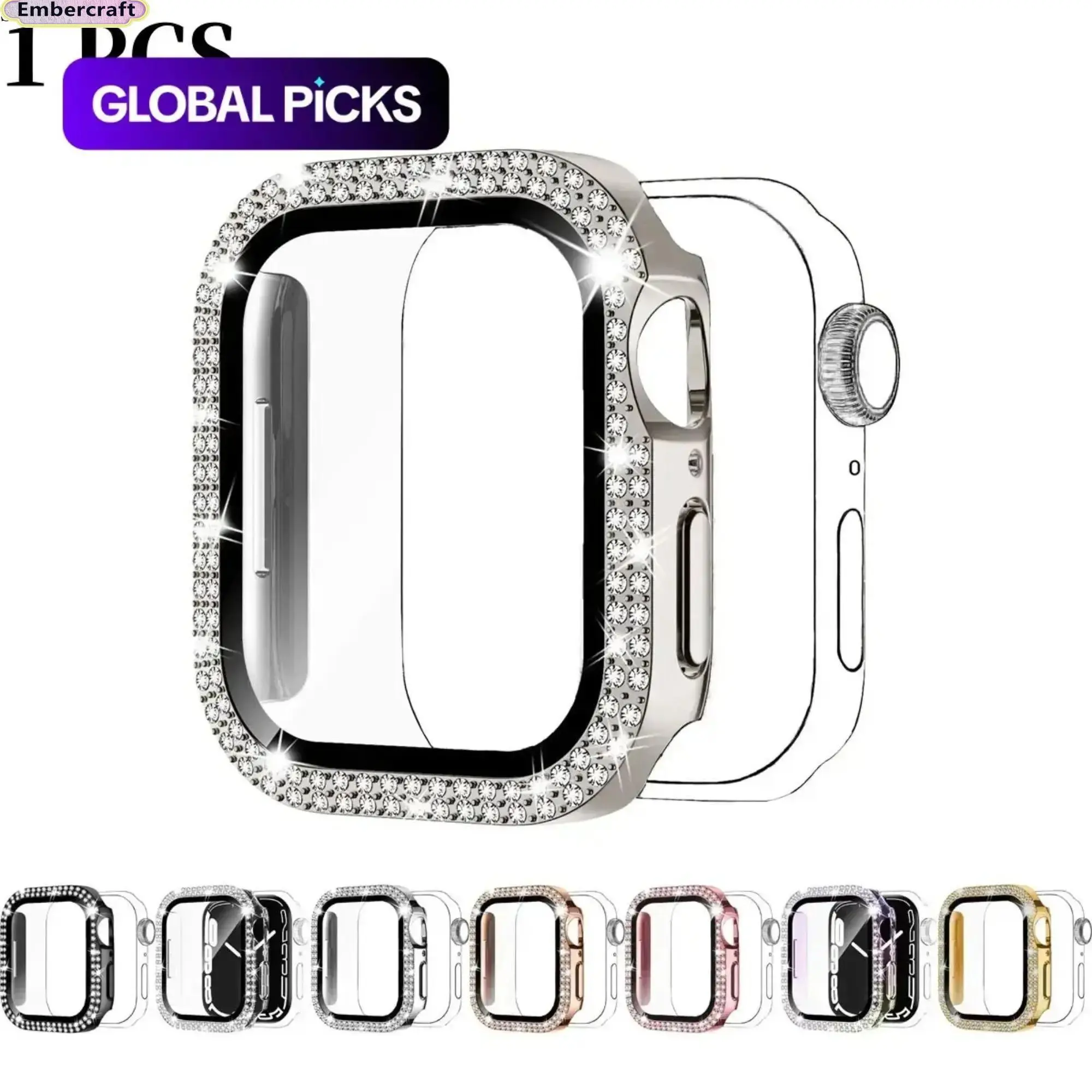 Viral Aesthetic Rhinestone Apple Watch Case with Tempered Glass Screen Protector, Shiny Anti-Fall Bling Cover, Comfy Watch Accessory for Women & Men, Everyday Gym Travel, Series 10-1 Ultra & SE Wearable Protective