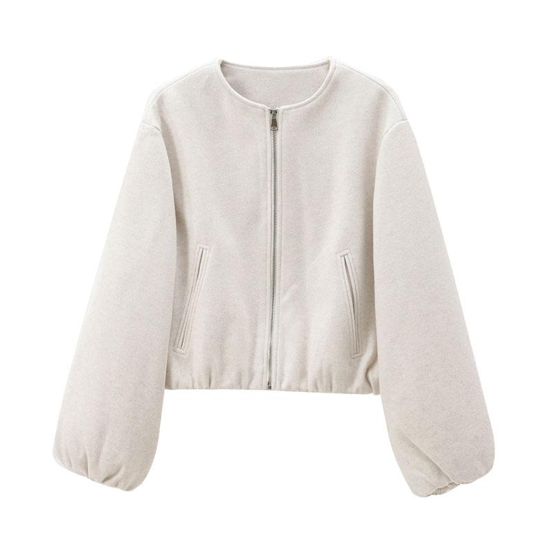 Women's New Oversized Bubble Sleeve Jacket, Zipper Bomber Jacket, Soft Casual Streetwear, Fashion Pilot Jacket, Spring & Fall Outerwear, Long Sleeve