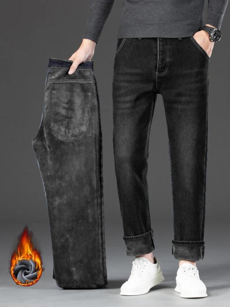 Men's Fleece Lined Denim Jeans, Loose Straight Leg Long Pants, Warm Cotton Elastic Autumn Winter Fashion, Versatile Casual Wear, Denim Clothing