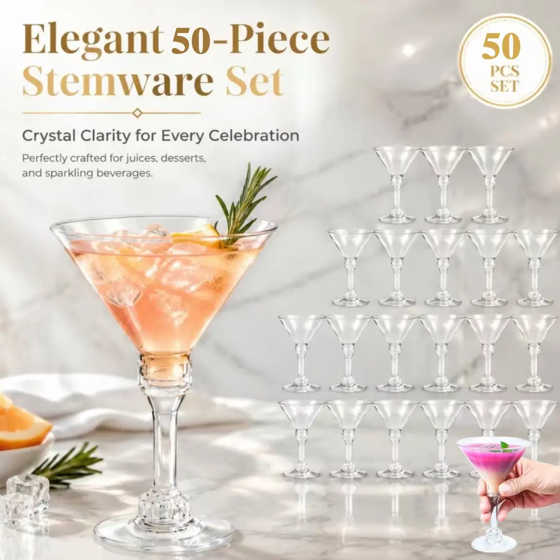 Party Must-Have! 50 Pack Clear Plastic Martini Stemmed Goblets, Shatterproof Disposable & Reusable Cocktail Cups, Elegant Drinkware for Cocktails, Cold Drinks & Mousse Cakes, Great for Parties, Weddings, Home Bars, Halloween & Christmas Gatherings