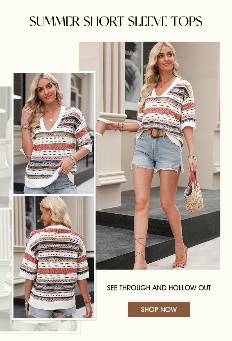 EVALESS Women's Crochet Summer T Shirts V Neck Short Sleeve Loose Fit Striped Hollow Out Knitwear Tops 2026 Casual Beach Vacation Trendy Shirts Springtok Outfits