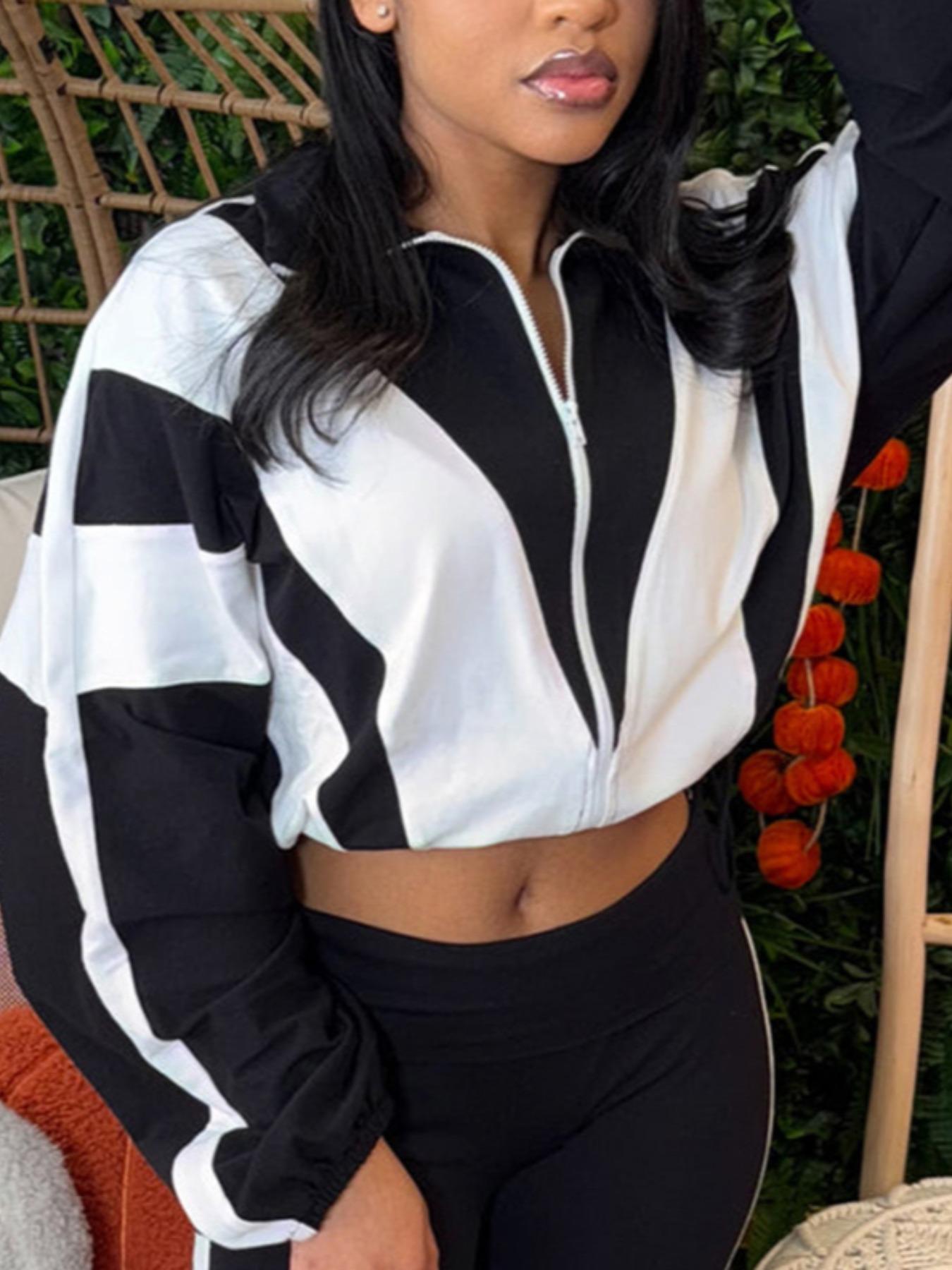 No Pants Included, Women's Patchwork Casual Long Sleeve, Zipper Drawstring Sportswear, Fitted All Seasons Outerwear, Yoga Jacket Top