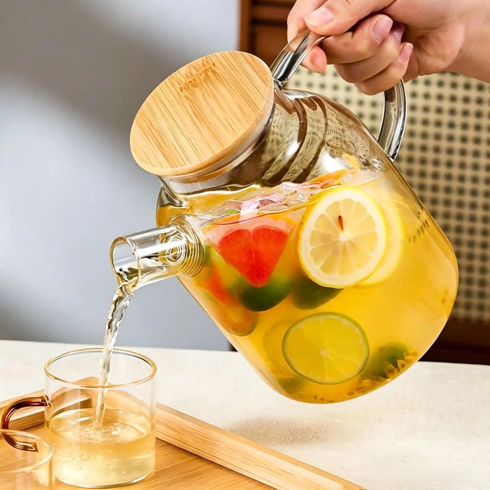 Multifunctional Glass Jug 60.87oz, Borosilicate Glass Water Jar with Lid, Detachable Filter, Ideal for Juice, Tea, Coffee, Perfect Gift