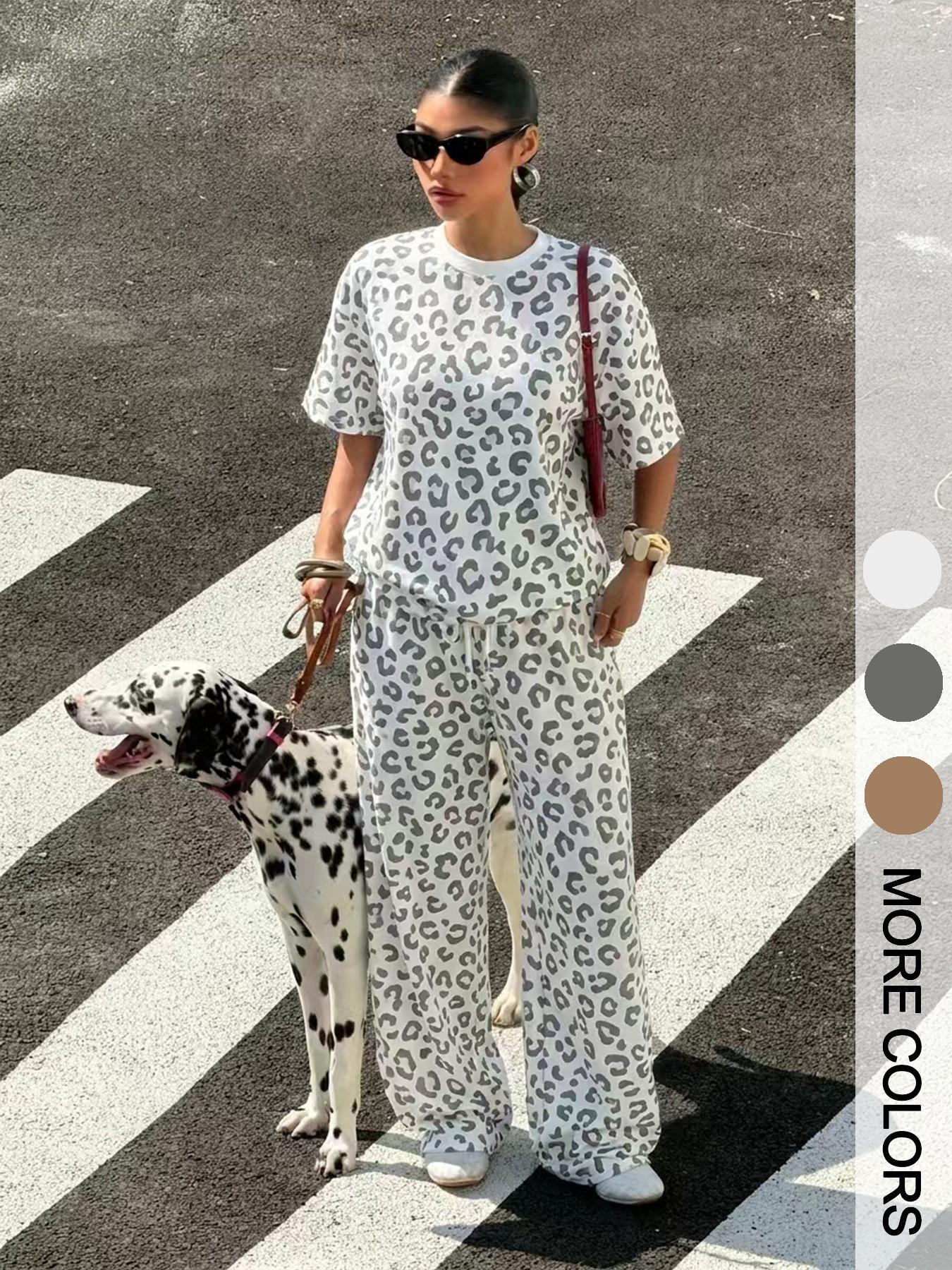 Leopard Print Short Sleeve T-Shirt and Drawstring Adjustable Wide Leg Pants Set, Casual Loose Fit Home, Multicolor, Women's Fashion