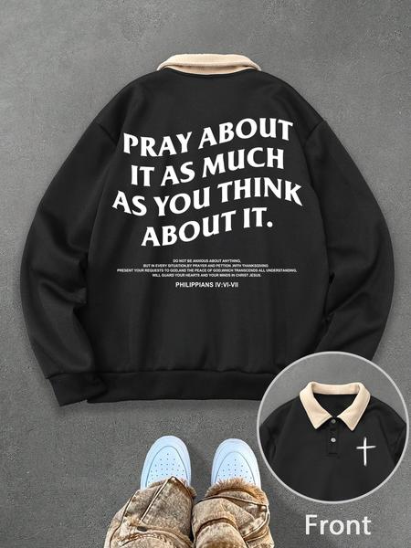 Unisex Graphic Print Polo Sweatshirt, Thick Vintage Style Fleece Pullover with Philippians 4:6 Quote, Streetwear Y2K Fashion