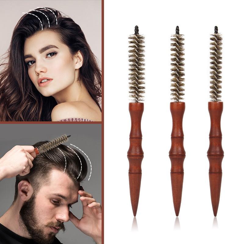 Mini Boar Bristle Round Brush for Short Hair,-0.78-0.70-0.62 Inch Diameter Small Round Barrel Brush for Blow Drying Anti Static Quiff Mini Comb with Wooden Handle for Blow Drying Straightening Curling Wet Thin or Short Hair