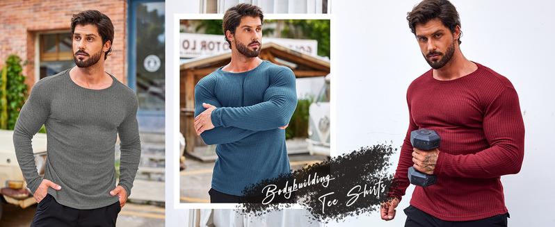 COOFANDY Men's 2 Pack Muscle T-Shirt Stretch Long Sleeve Gym Workout Bodybuilding Training Tee Shirts Casual Hipster Tops