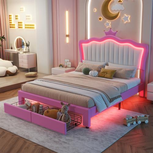 [Bellemave]Twin/Full Size Upholstered Bed Frame with LED Lights, Modern Upholstered Princess Bed with Crown Headboard, 2 Drawers, Pink+White