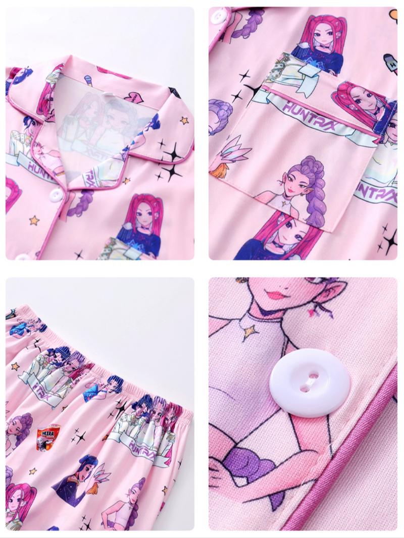 K-Pop Demon Hunter Kids Parent-Child Pajama Set, Cartoon Print Hooded Short Sleeve Top & Elastic Waist Long Pants, Comfortable Home Wear