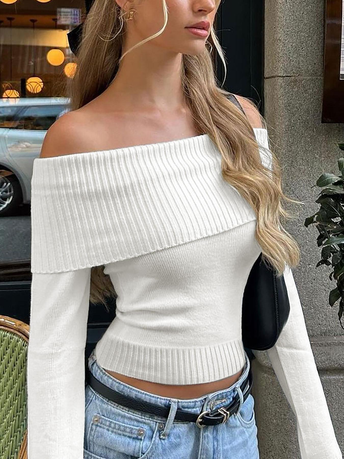 Women's Plain Off Shoulder Sweater, Elegant Fashion Casual Long Sleeve Jumper for Daily Outdoor Wear, Women Knitwear for All Seasons, Lightweight Casual Top, Tops