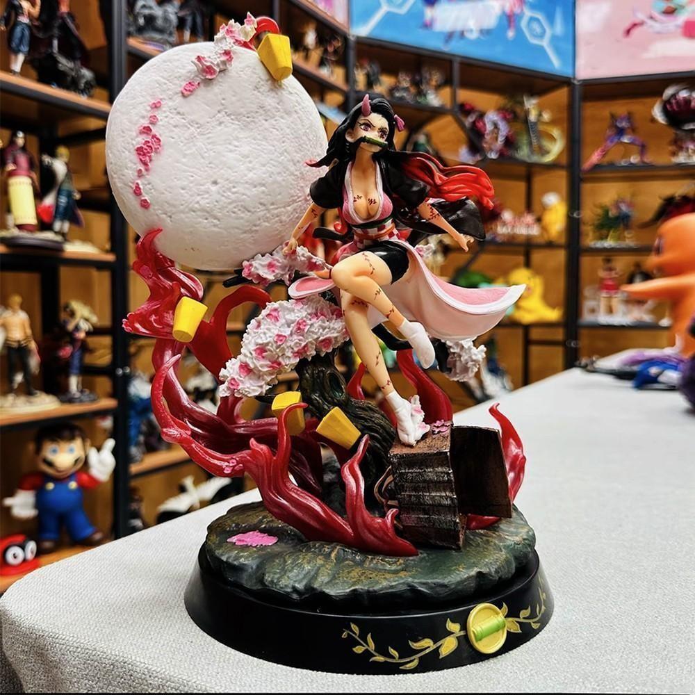 One Piece Demon Slayer Nezuko Kamado Figure, Blood Demon Form with Moon，Nezuko Collectible Statue, Battle Form with Cherry Blossom & Base，Nezuko Anime Figure, Demon Slayer Collectible for Fans & Display, PVC Figures