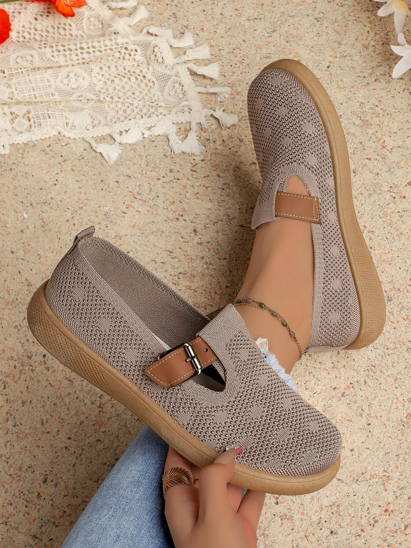 Women's Multicolor Flyknit Mary Jane Flat Shoes, Breathable Mesh, Leather-Like Buckle, Soft Rubber Sole, Comfortable Casual Footwear