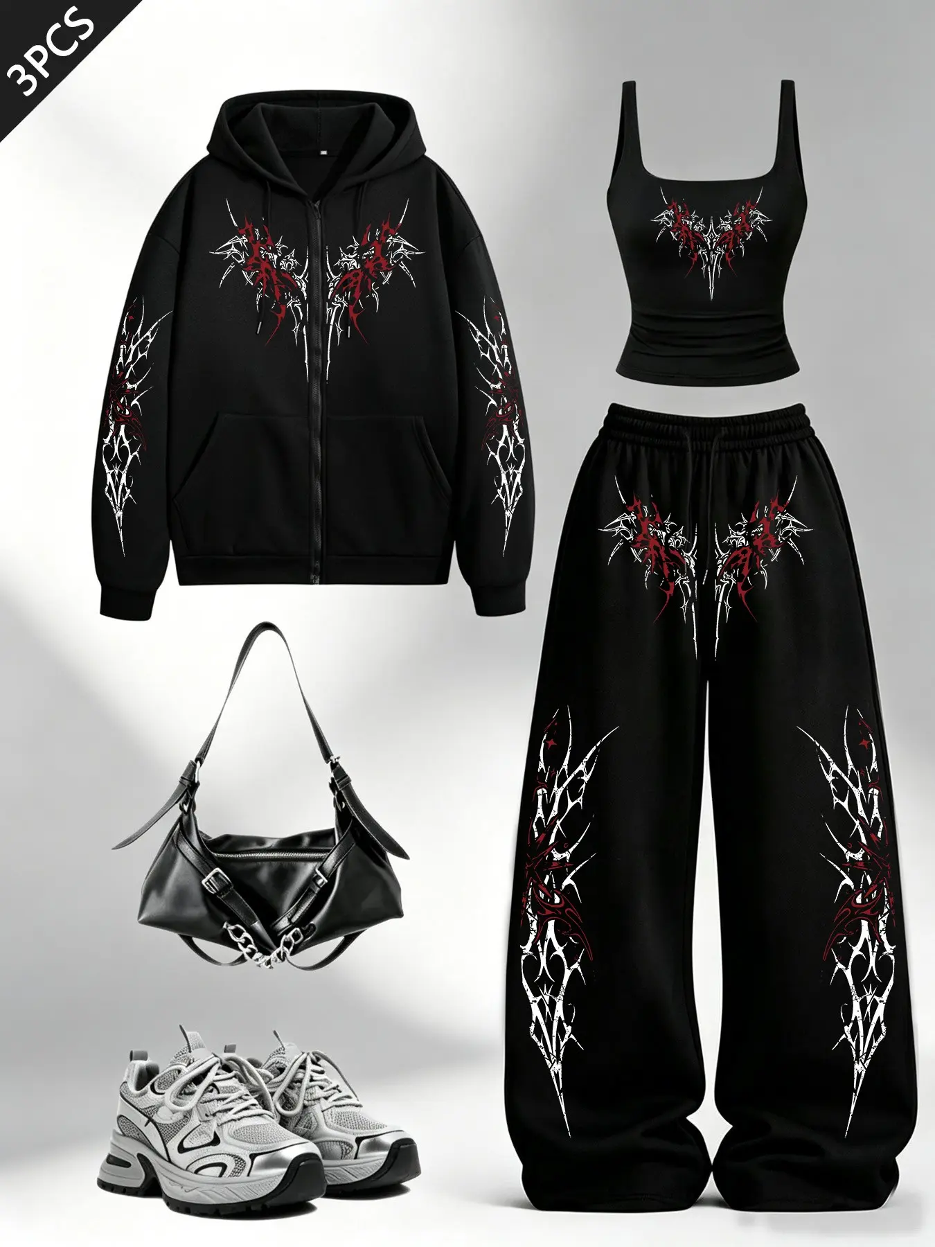 Women's Gothic Style 3-Piece Set (hooded Sweatshirt + Tank Top + Wide Leg Pants), Casual Loose-Fit, All Seasons, Daily Wear, Street Fashion