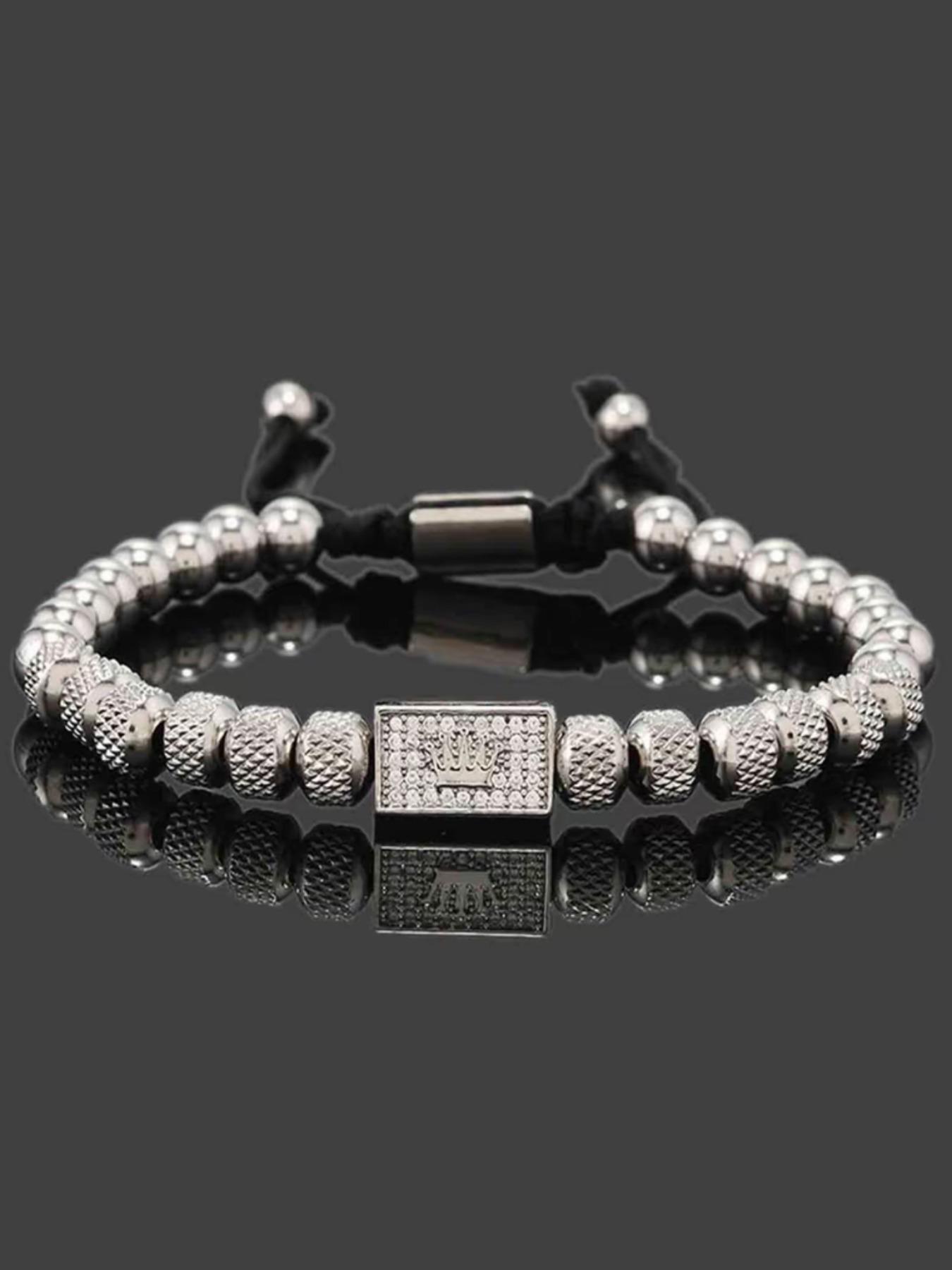 Vintage Stainless Steel Beaded Zircon Crown Bracelet, Adjustable Casual Men's Party Wristband, Chain Print, All Seasons