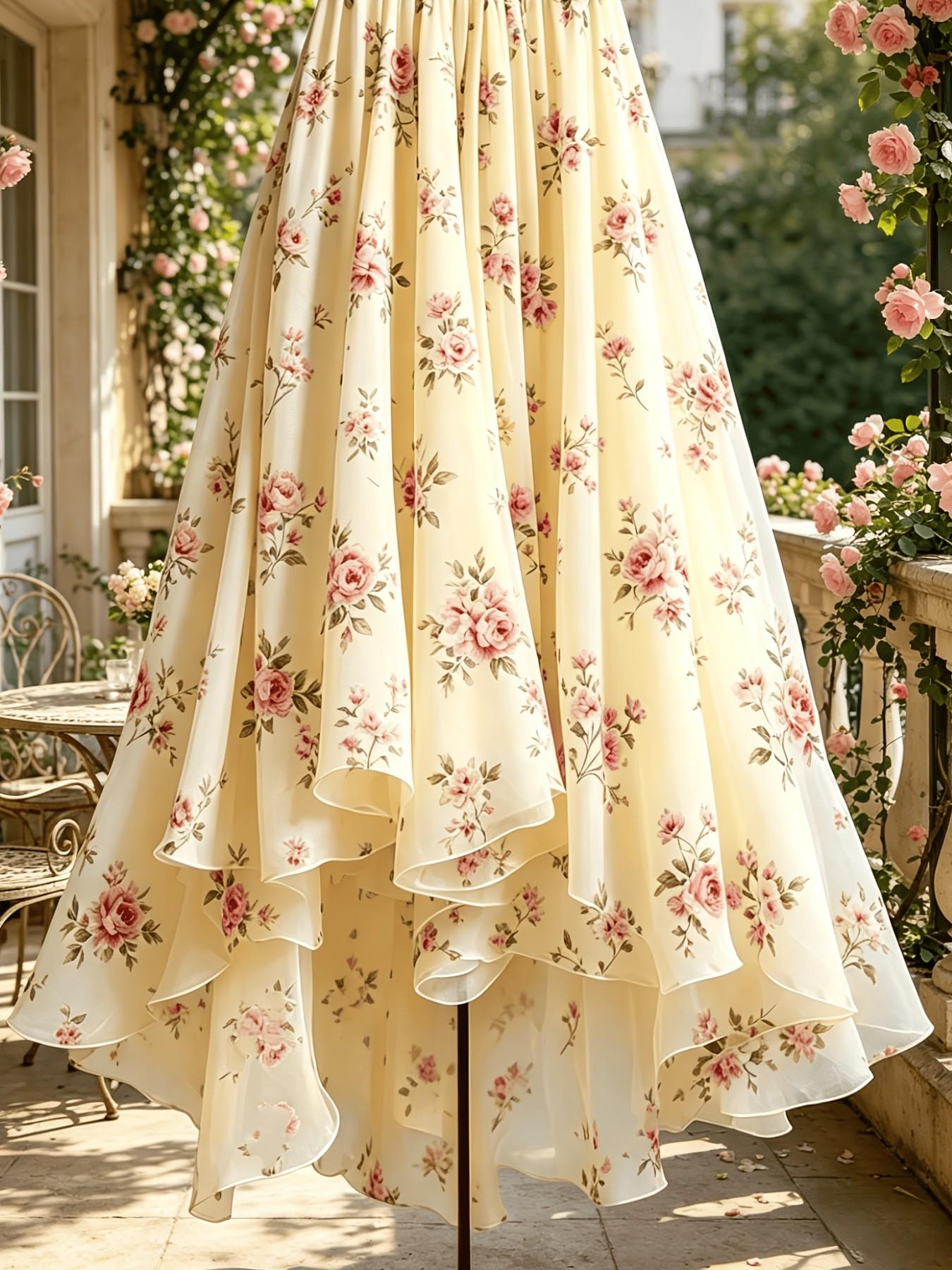 Elegant New Women's Midi Skirt, Lace Mesh Floral Print Skirt, Flowy Skirt, Loose Skirt, Vacation Casual Office Skirt, Four-Season Wear, Clothes, Elegance