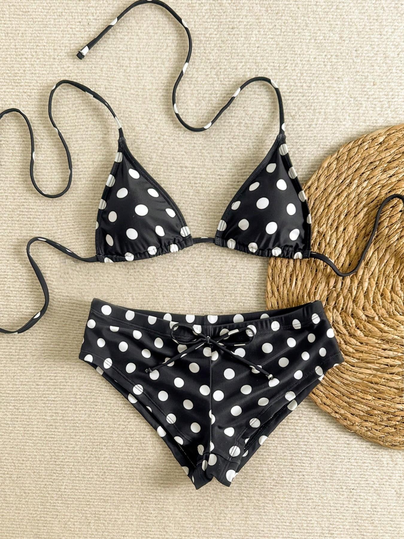 Women's Two-Piece Swimsuit Set, Vacation Beach Wear, Swimsuit Style Bikini, Comfortable Fit, Sexy Halter Polka Dot Bow, Ideal for Pool Party